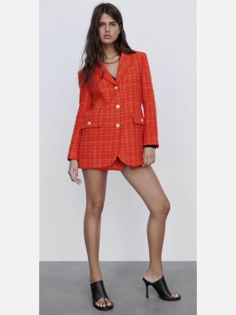 Zara Bright Orange Tweed Blazer & Mini Skirt Set